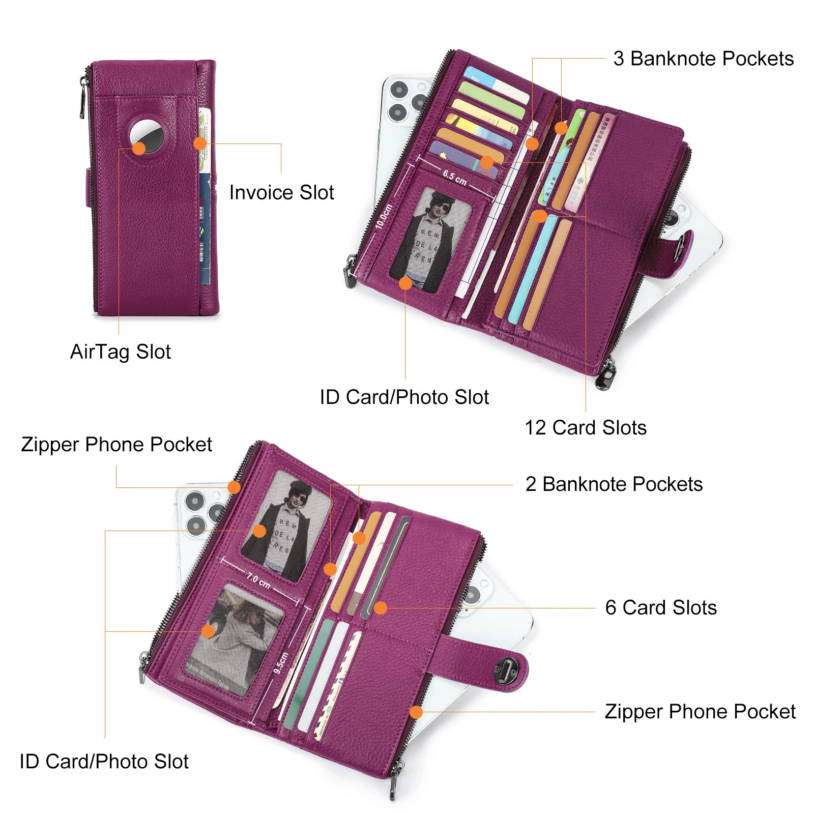 CONTACTS Genuine Leather Long Wallets for Women Full Grain AirTag Purse Card Holder Money Clip Coin Clutch Wallet 251014