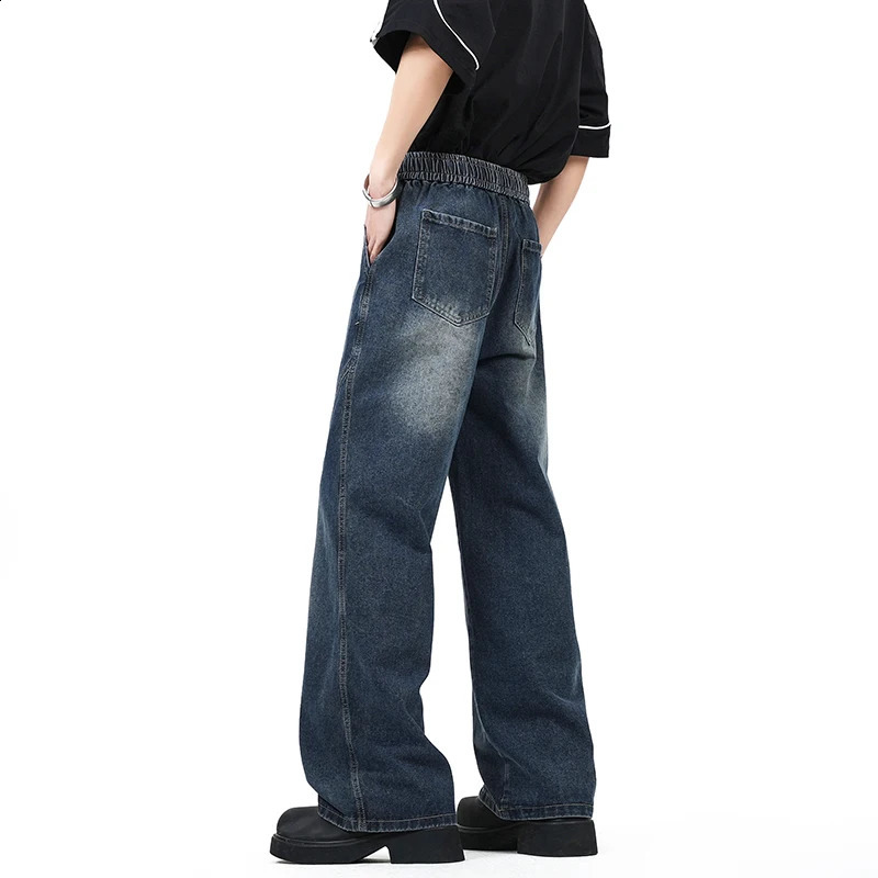 2025 Autumn Wide Leg Jeans Washed High Street 190 Tall Men Elastic Waist 115CM Long Length Loose Comfortable Casual 251018