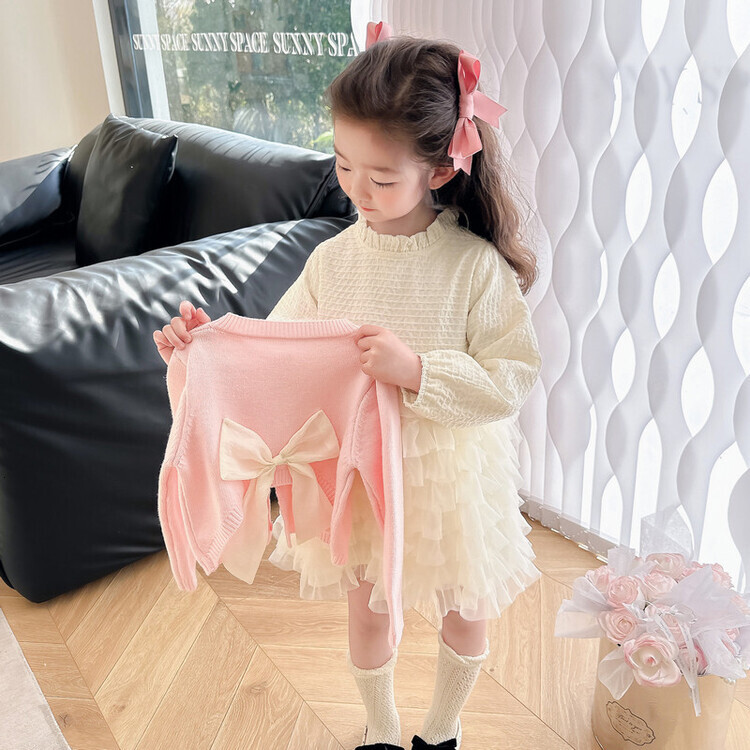 Girl fashion designer dress autumn fashion children's princess dress one year old baby formal dress cardigan wool sweater mesh dress spring and a