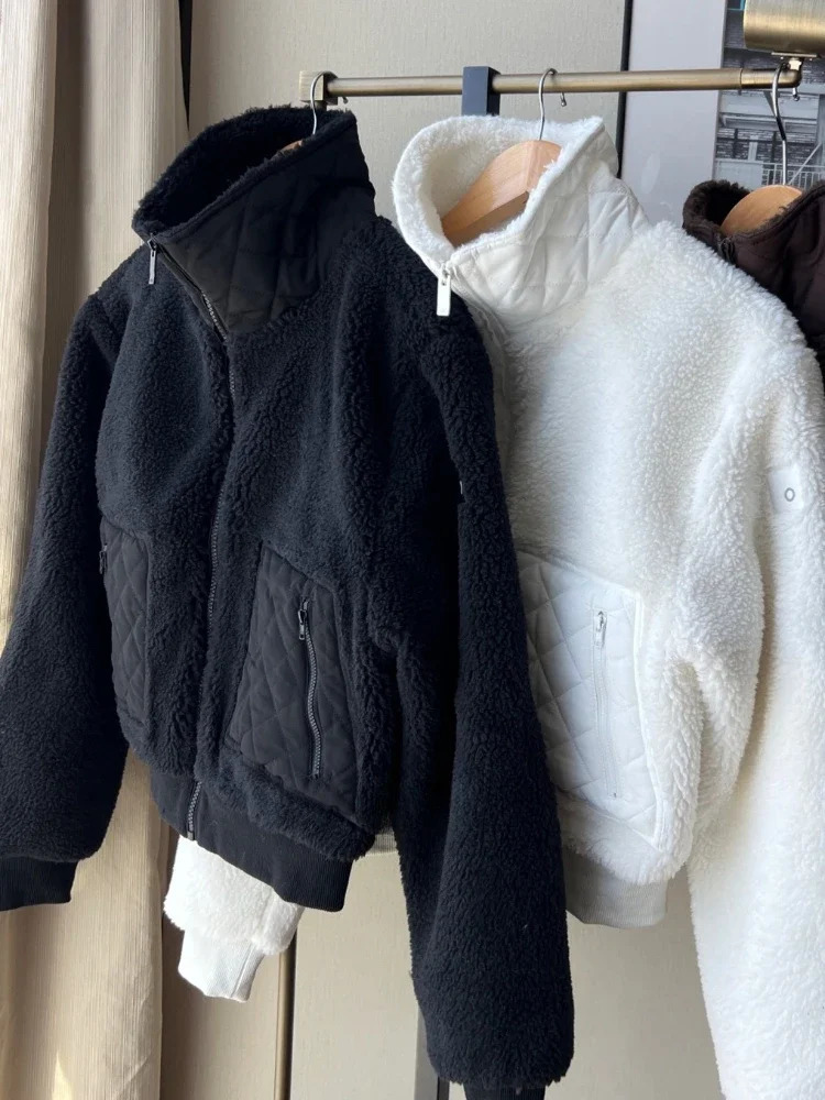 White Stand Collar Zipper Winter Jacket Women Fashion Lamb Wool Spliced Short Autumn Casual Thickened Warm 251021