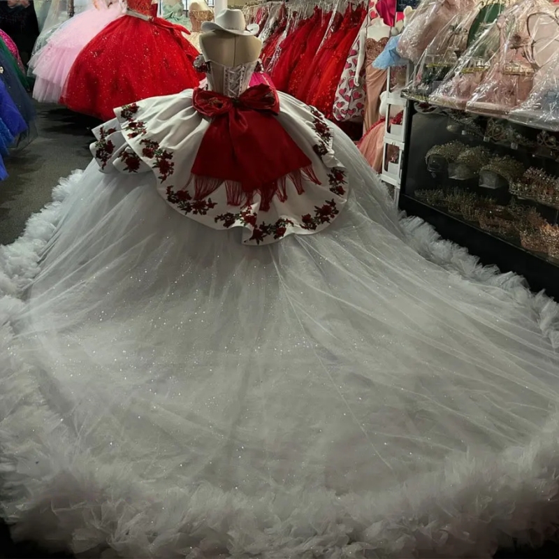 White 2 In 1 Embroidery Quinceanera Dresses Ball Gown Short Dress With Detachable Skirt Sweet 15 Anos Mexican