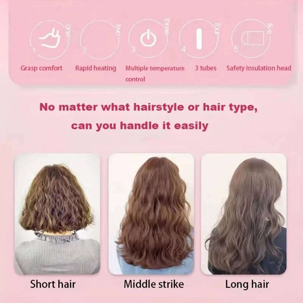 3-Barrel Ceramic Hair Curler Iron with Digital TemperatureControl -Sleek Metallic Finish, Anti-Scald, Ideal for Home Use byWomen