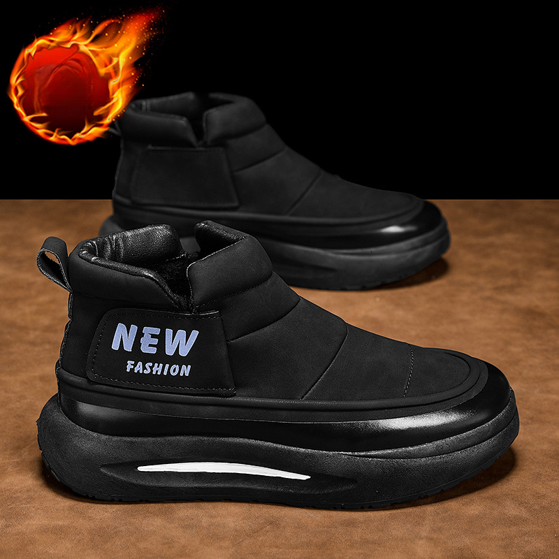 Men's designer fashionable snow boots with high top, low cut, smooth leather surface, wool lining, thick insulation shoes, thick wool winter men&
