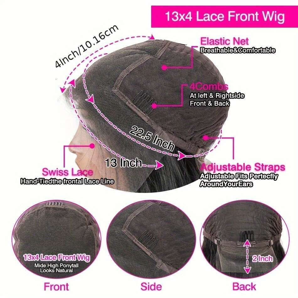 Human - Unprocessed Virgin Hair 180% Density Natural Body Wave Texture, Breathable Base with 13x4 HD Lace Frontal Pre-Plucked Hairline Seamless Blend,