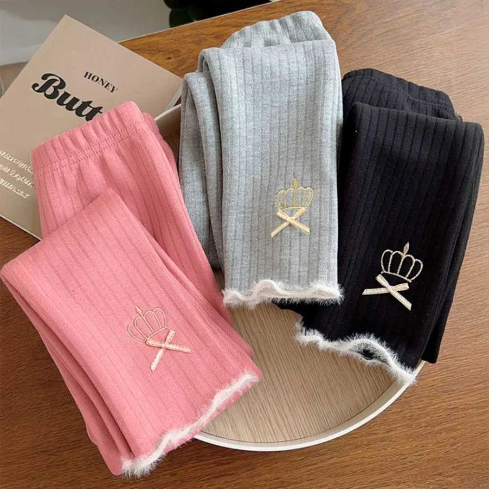 Kids Girls Leggings Winter Children Plus Velvet Warm Trousers Thick Lamb Fleece Trousers Embroidered Crown Bow PantsT251024