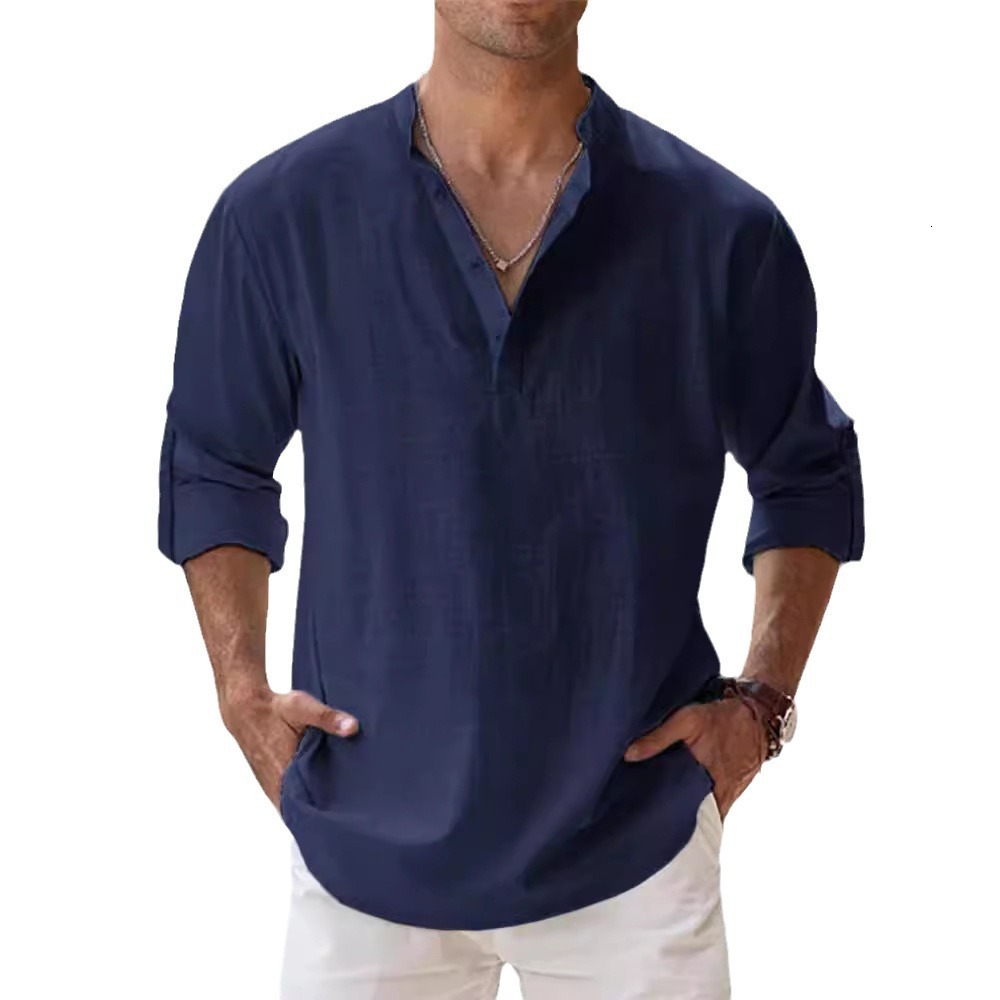 2025 Men's Stand Collar T-Shirt Loose Sweatshirt Solid Color Long Sleeve Cotton Shirt for Men