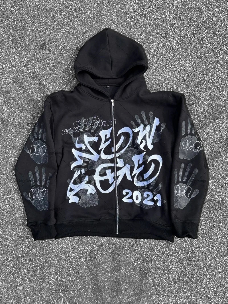 Punk Harajuku Hiphop Cartoon Letter Print Loose Sweatshirt Men Casual Streetwear Y2K Rock Trendy Oversized Zipper Hoodie Women 251018