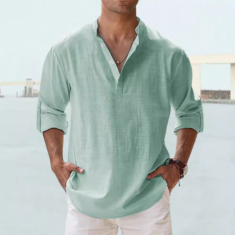 2025 Men's Stand Collar T-Shirt Loose Sweatshirt Solid Color Long Sleeve Cotton Shirt for Men