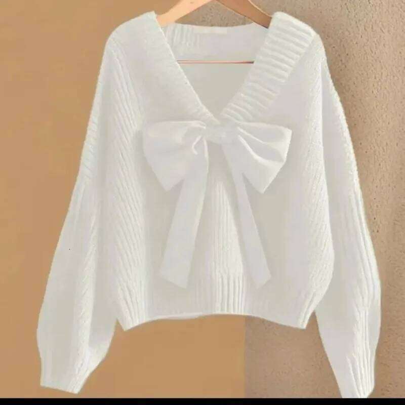 Big Bow Knitwear Sweater For Women Patchwork Red Christmas V-Neck Batwing Sleeve Pullover Female Knit Elegant Pullove