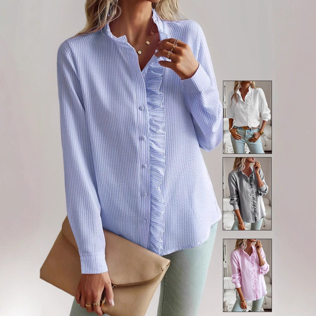 2025 New Stand Collar Autumn Ruffled Cardigan Long Sleeve Puff Top Women's Shirt
