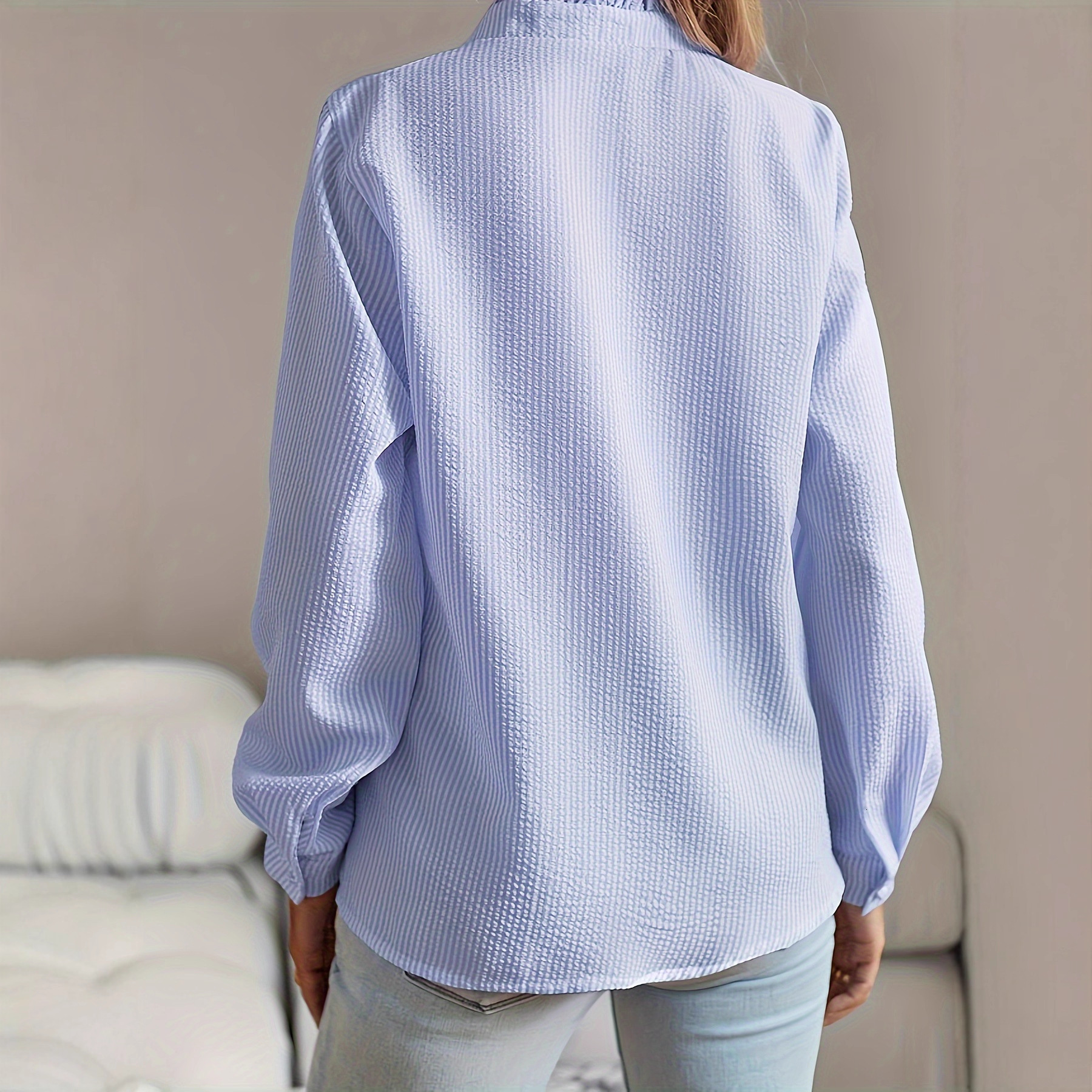 2025 New Stand Collar Autumn Ruffled Cardigan Long Sleeve Puff Top Women's Shirt