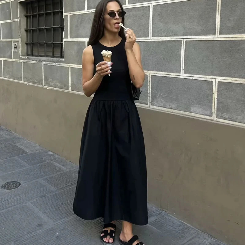 HXAO Knitted Dresses 2025 Woman Sleeveless Black Long Dress Women Bodycon Summer Solid Dresses One Pieces Midi Casual Dresses 251023