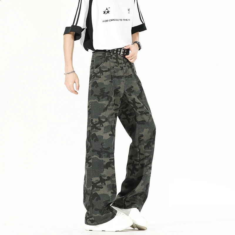 Long Length Casual Jeans American Vintage Autumn Camouflage Workwear Pants 190 Tall Men Flared Trousers 115cm 251018