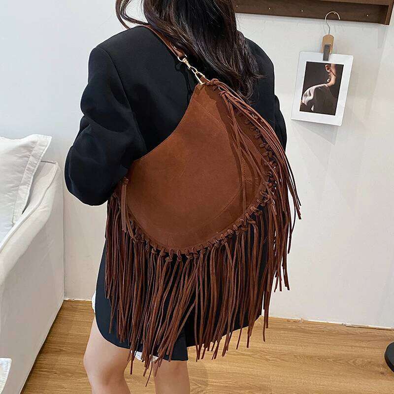 PU Tassel Solid Color Shoulder Zipper Large Capacity Bags On Sale 2025 Fashion Versatile Ethnic Women's Handbags