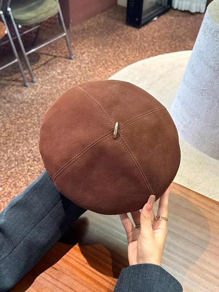 Spring 100 Real Leather Suede Beret Hat Women Fashion European Pumpkin Painter Caps Female GreyCarame Caps for Women 251023