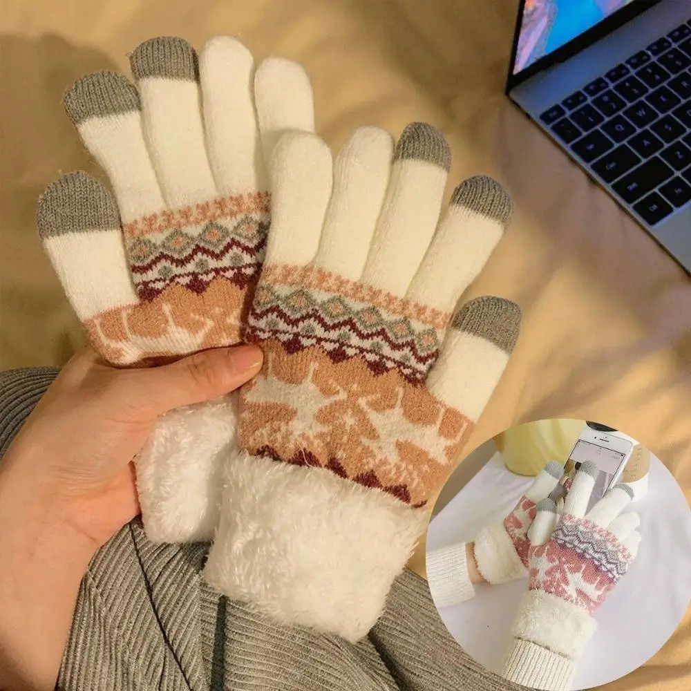 Christmas Women Warm Plush Gloves Reindeer Jacquard Touch Screen Knit Gloves Plush Cuff Warm Riding Skiing Outdoor Gloves 251023