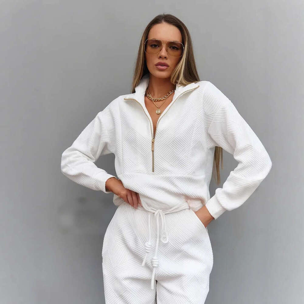 Casual Women's Solid Color Long Sleeve Zipper Loose Top with Drawstring Pants Two-Piece Set