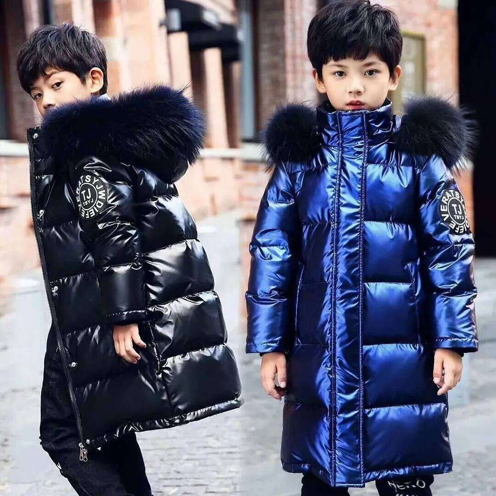 Winter Kids Down Jacket Teen Boy Girls Glossy Fabric Fur Collar Hooded Warm Parka Snowsuit Children Cotton Padded Clothing