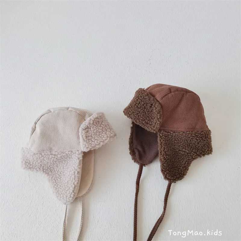 Autumn Winter Children Plus Velvet Earmuffs Windproof Coldproof Warm Corduroy Cap Boy Girl Baby Fleece Cotton Thicken Solid HatL251024