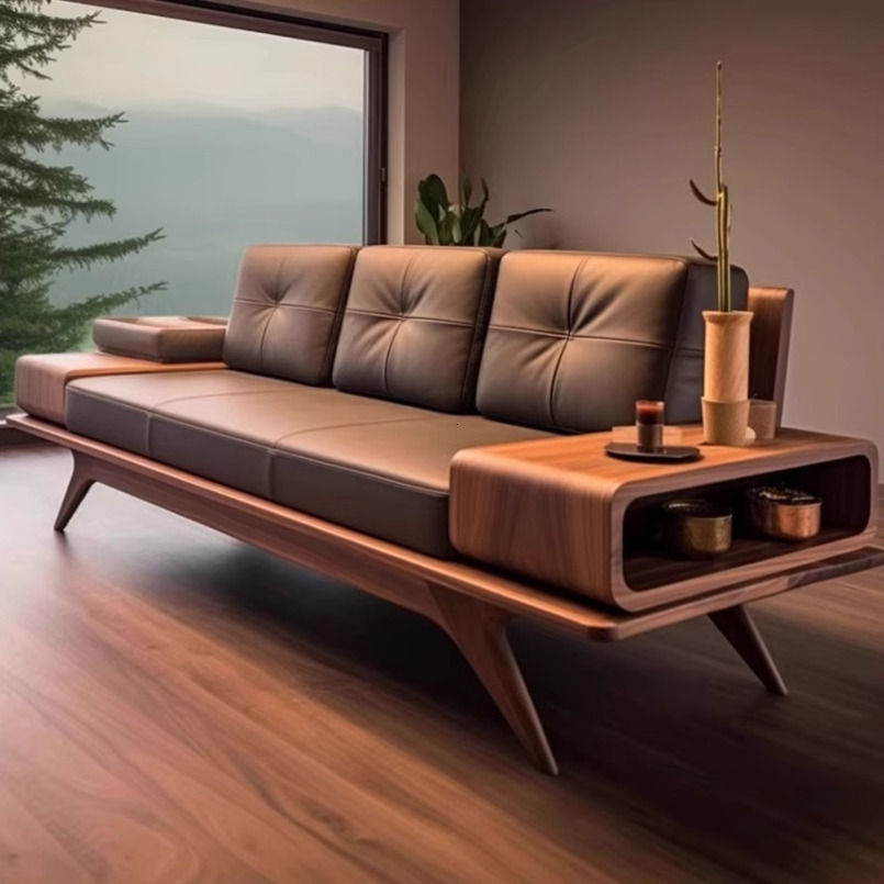 New Chinese Style Black Walnut Living Room High-End Solid Wood Genuine Leather Three-Seater Small Apartment Straight Row Sofa