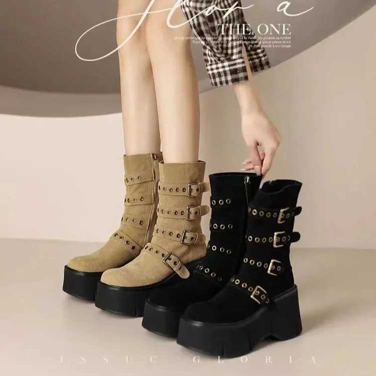 Womens Boots Autumn New Super High Heel 68cm Wedges Thick Soled Boots Zipper Belt Anti Slip Outdoor Short Boots W251024