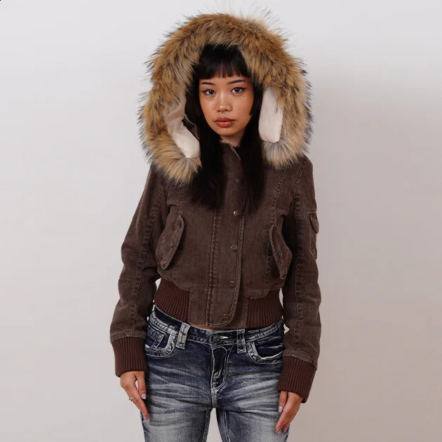 Vintage Brown Short Hooded Jacket Womens Full Sleeve Slim Detachable Fur Collar Winter Autumn Female Outerwear 251023
