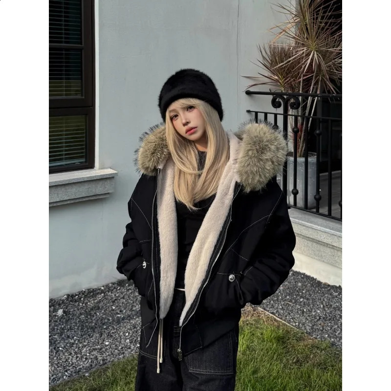 Y2k Street Vintage Warm Cardigan Loose Hoodie Women Autumn Winter Fashion Fur Collar Hat Hoodie Street Zipper Sweatshirt 251023