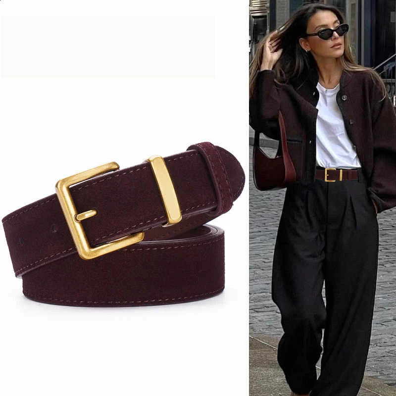 Women Suede Cowhide Belt 33cm Wide Waistband for Dresses Jeans Vintage Style with Gold Buckle 251013