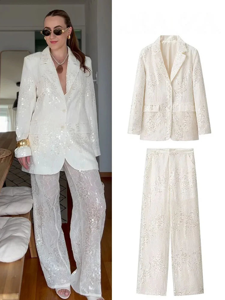 HH Female Sequins Sets TurnDown Collar Pockets SingleBreasted BlazersHigh Waist Zipper Trousers Womens Autumn Pant Set 251023