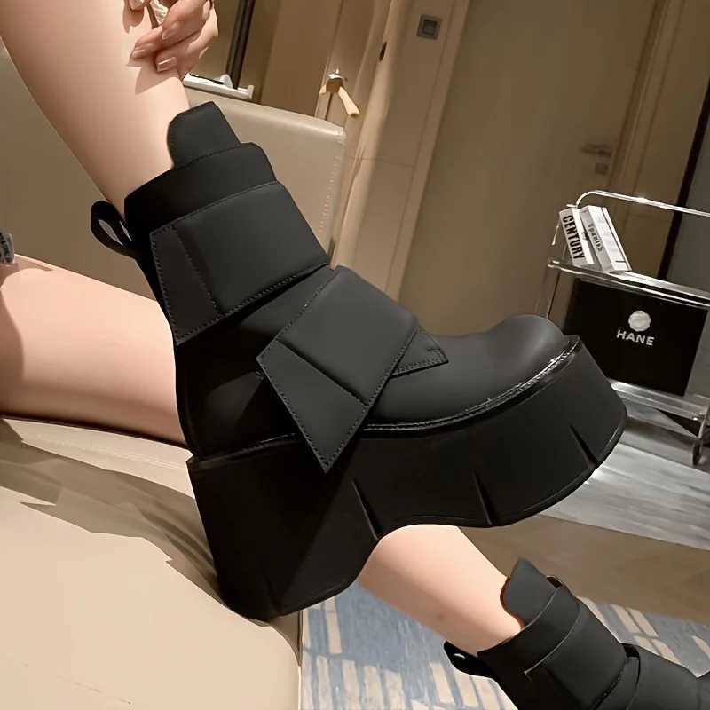 Womens black thicksoled platform ankle boots round toe slipresistant high heels with adjustable straps and soles W251024