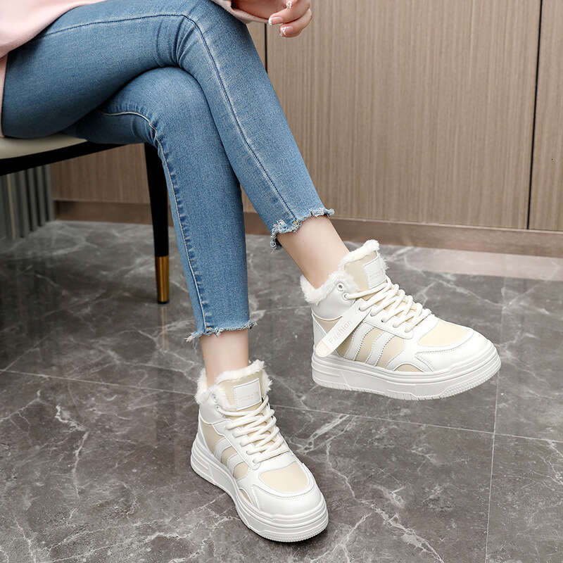 Winter New Ins Korean Version Fleece-Lined High-Top Sneakers for Female Students, Height-Increasing Thick-Soled Casual Warm Shoes boot snow boots wome