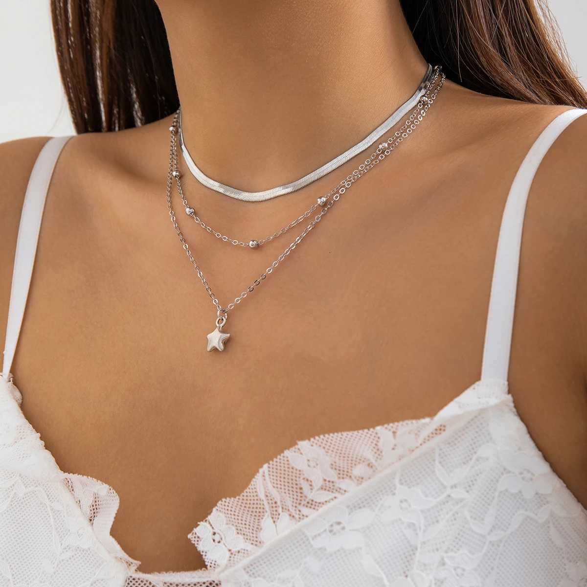 KunJoe 3pcsset Punk Silver Color Copper Bead Flat Snake Chain Necklace for Women Vintage Star Pendant Necklace SetXJ251024