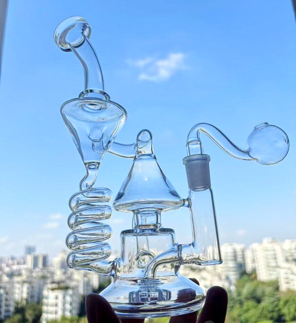 Curved neck Tube 9" recycler oil rig pipes fab egg torch oil burner pipe Bong Glass Water Pipe with 14.4mm Bowl glass oil burner