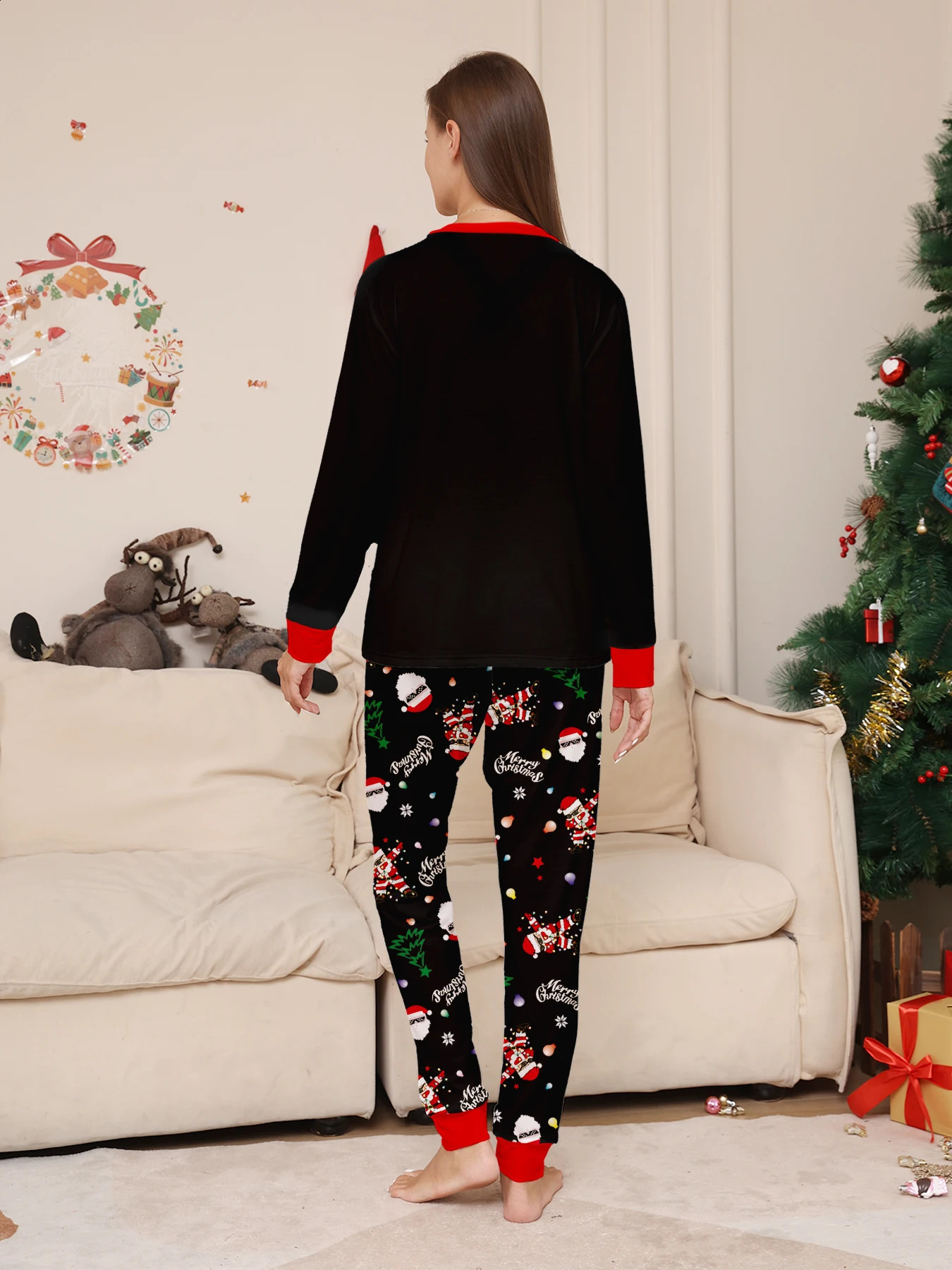 Womens Christmas Pajama Set Dabbing Santa Print Festive Red Trimmed Sleepwear 251020