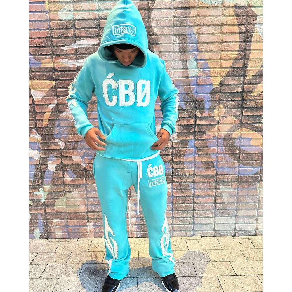 American Style Autumn Winter Trendy Brand Hooded Letter Patch Sweatshirt Unisex Pocket Wide Leg Pants Set
