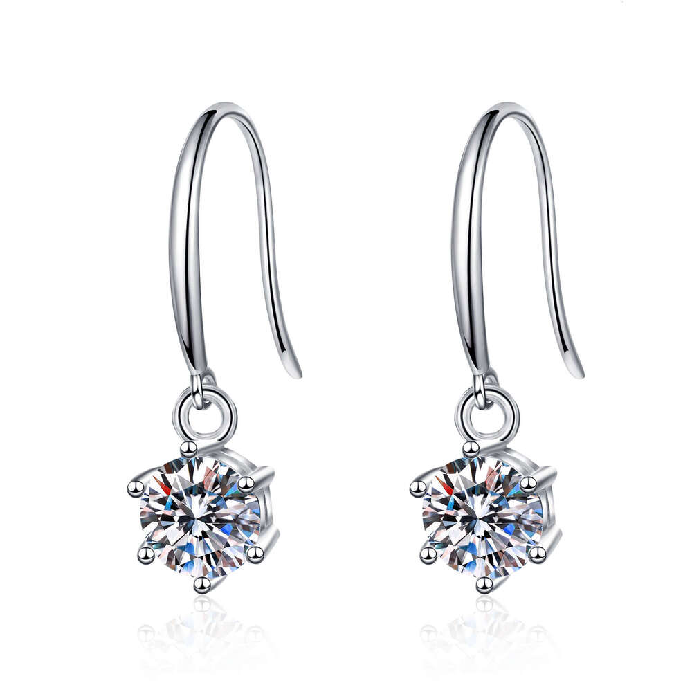 DHCollections-- S Pure Sier Ear Hooks for Women Six-Prong Moissanite Earrings Jewelry Plated with PT950 Gold Straight