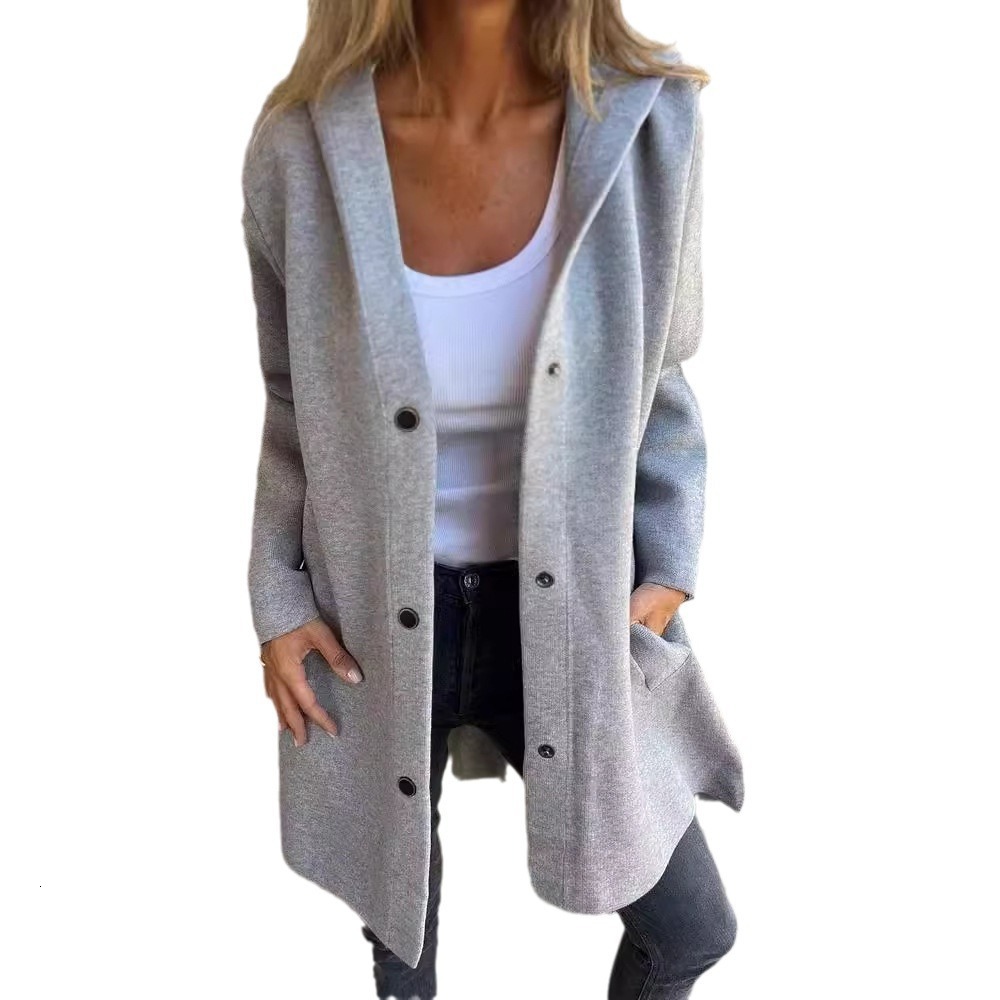 2025 Autumn Winter Solid Color Casual Single-Breasted Hooded Jacket Coat