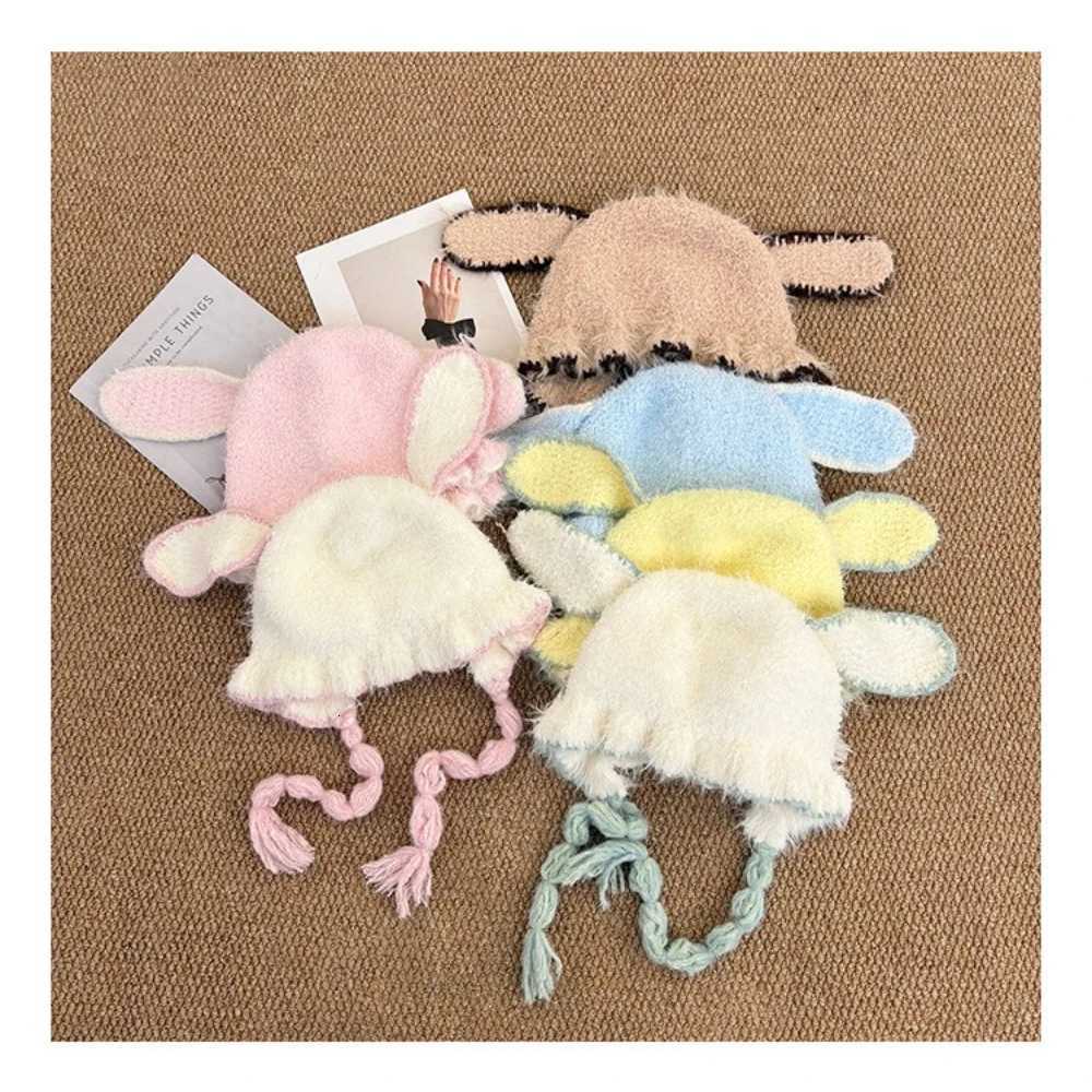 New Japanese Style Furry Ear Flap Hat with Tie Closure Womens Warm Knit Winter Cap in Lei Feng Style for a FaceSlimming LookL251024