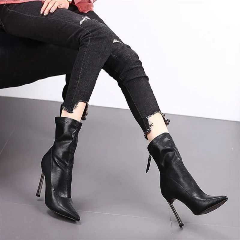 Leather White Pointed Toe Half High Boots for Women Very Heel Mid Calf Shoes Woman New Rock Gothic Sale Large Size Warm Y2k In W251024