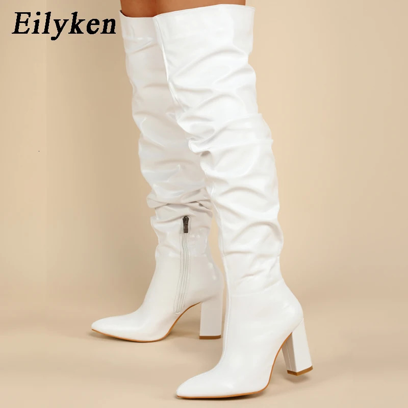 Eilyken Fashion White Pleated Women OvertheKnee Boots Sexy Pointed Toe Square Heels Ladies Long Zipper Female Shoes 251023