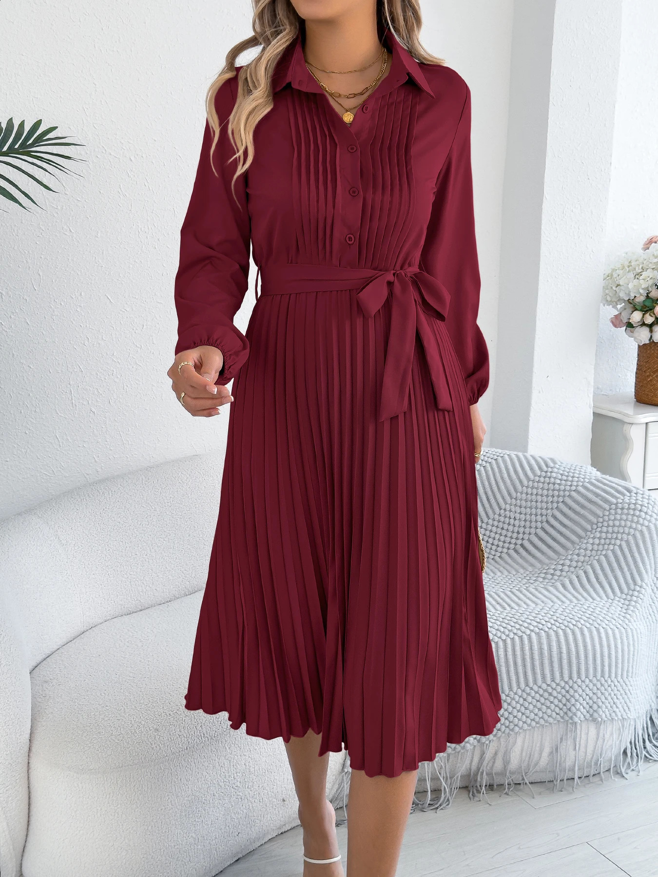 Elegant Maxi Dress for Autumn Winter Lapel Tie Waist Solid Color Long Sleeve Dresses Green Khaki Red Woman Clothing 2025 251023