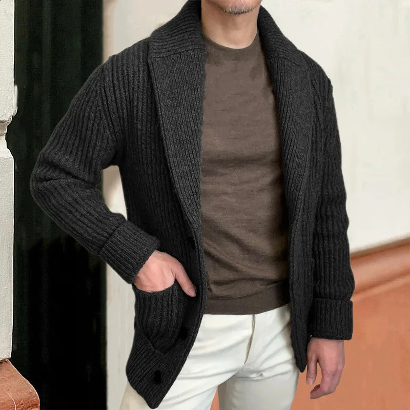 Vintage Fashion Men Knitted Cardigan Sweater Autumn Winter Warm Lapel Knitting Coat Casual Solid Slim Fit Knit Jacket Streetwear 251020