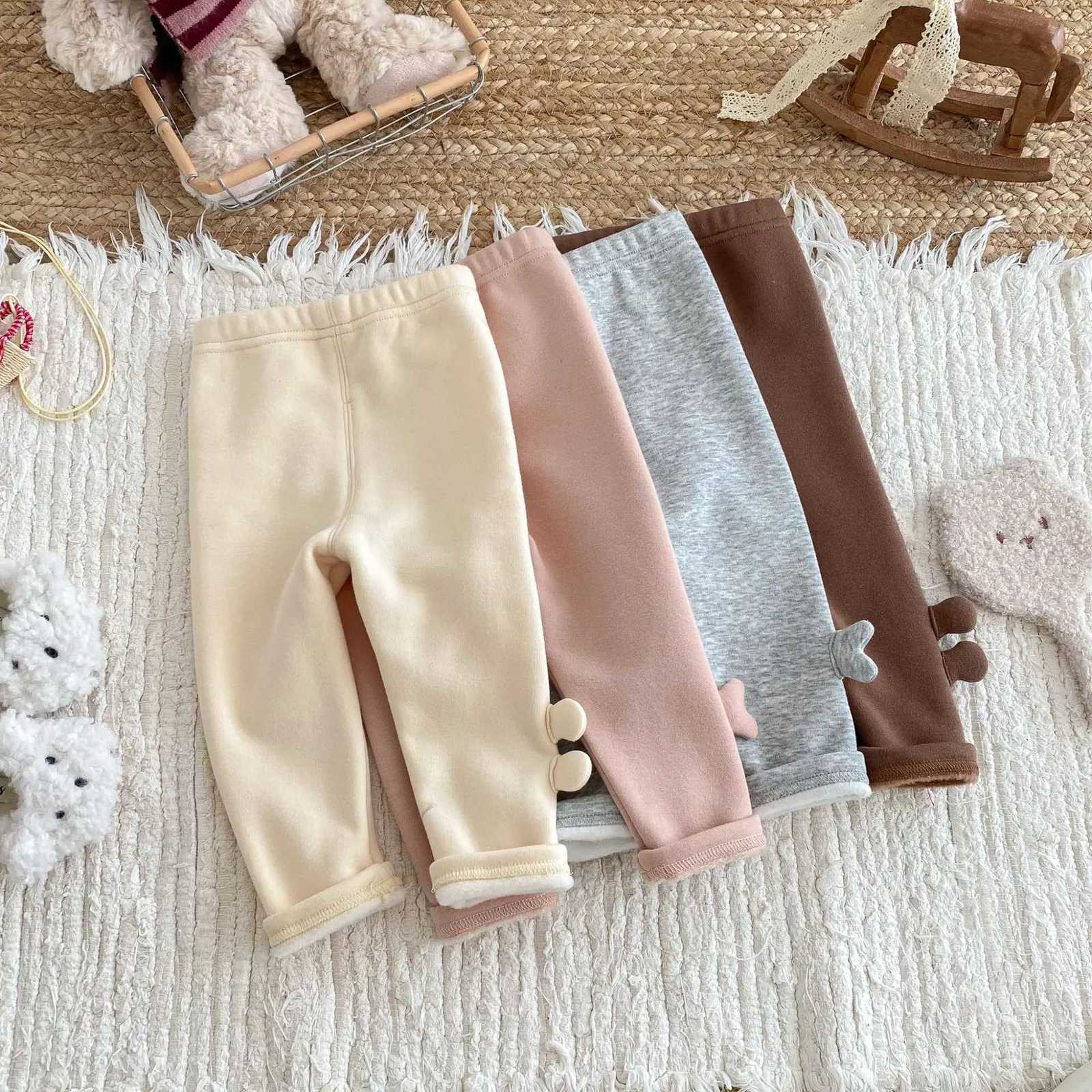 05Y Baby Girl 3D Ear Decor Thickened Pants 2025 Winter Kids Clothes Girls Fleece Lined Leggings Cute Warm New Bottoms PantsT251024
