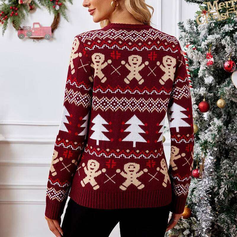 New Winter 2025 Christmas Women's Sweater Jacquard Print Full Sleeve O Neck Casual Soft Knitwear Merry Xmas Female Pullover Top