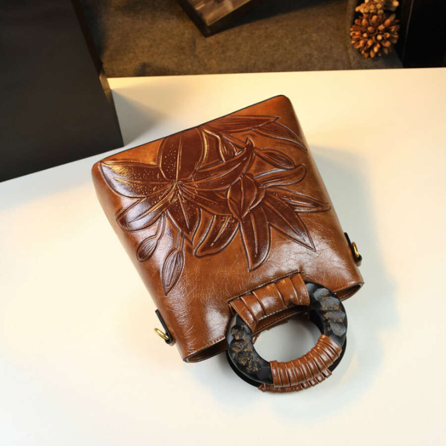 Vintage Floral Pattern Wo, Light Brown, Removable Strap, Zipper Closure, Polyester Lined, Painted, Fashionable Ethnic Style Handbag For Daily Commute