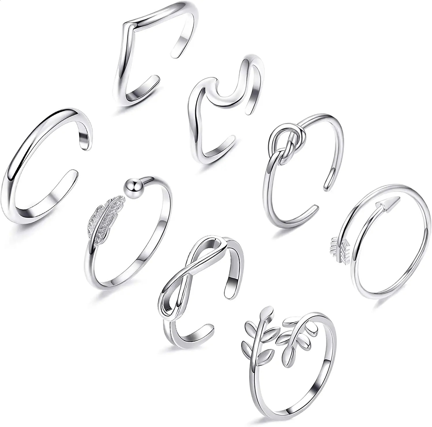 8PCS Toe Ring Stainless Steel Adjustable Summer Beach Knot Wave Rings Stackable Thumb Rings Hawaiian Foot Jewelry 251014