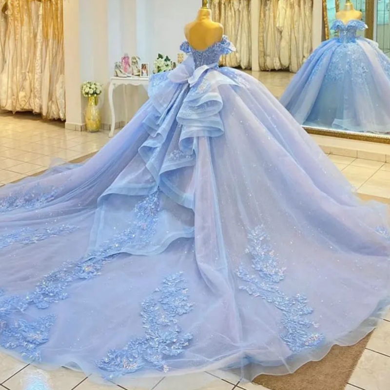 Light Blue Floral Appliques Lace Quinceanera Dresses Ball Gown Beading Crystal Ruffles Sweet 15 Anos Mexican