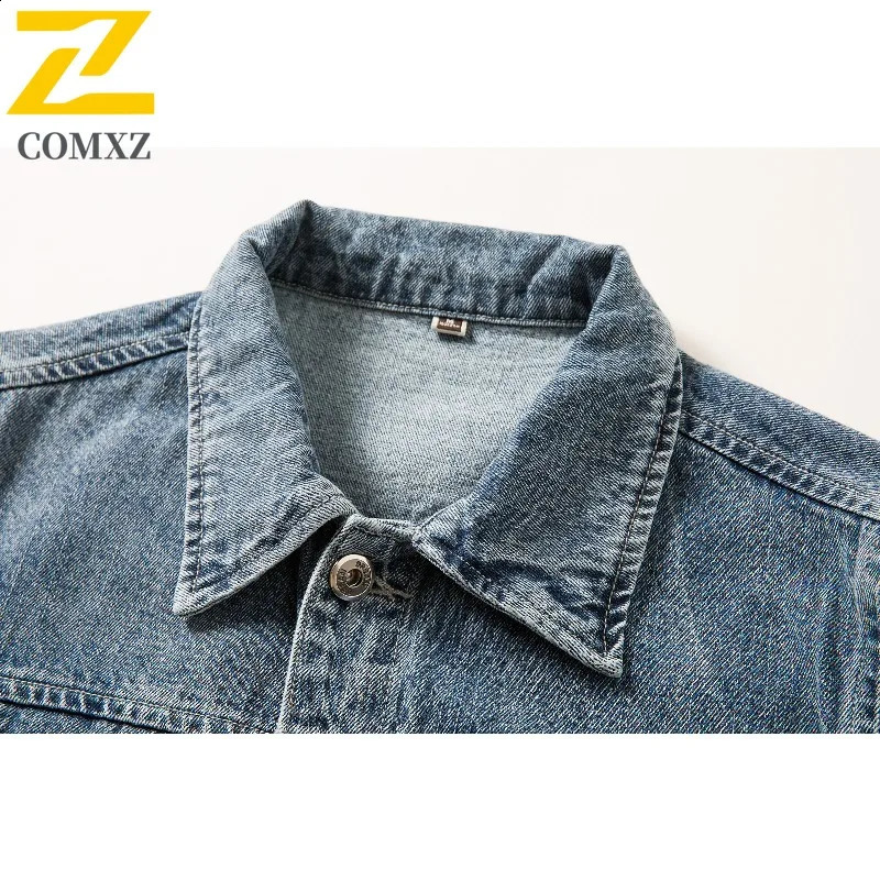 COMXZ Mens Cotton Denim Jacket Vintage Street Fashion Blue Washed Jackets Premium Y2k Harajuku Style Spring Autumn Coat 251017