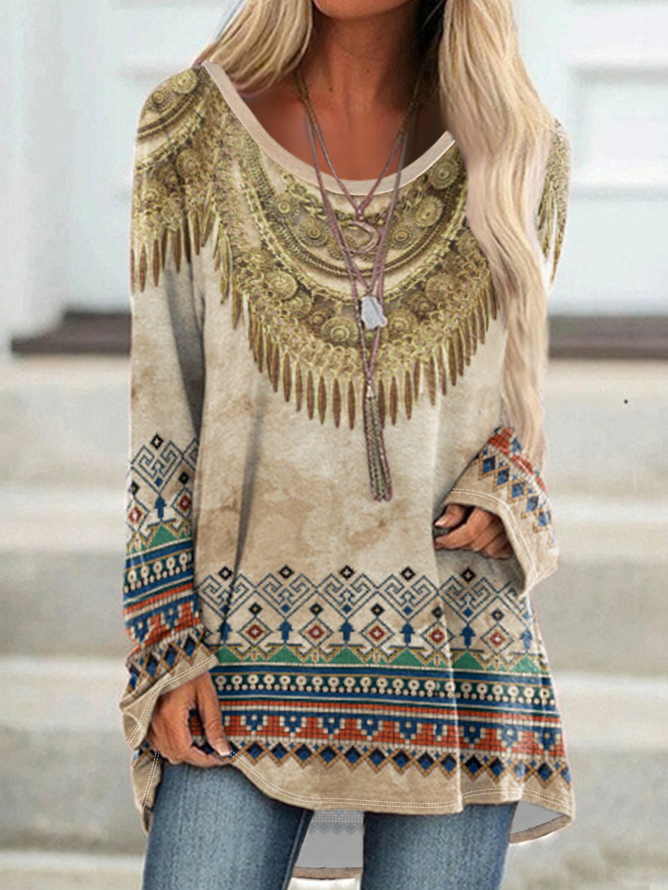 Autumn New Women's Casual Ethnic Style Long Sleeve T-Shirt, Milk Silk Lightweight Versatile Top, S-XXL Khaki--CF43374