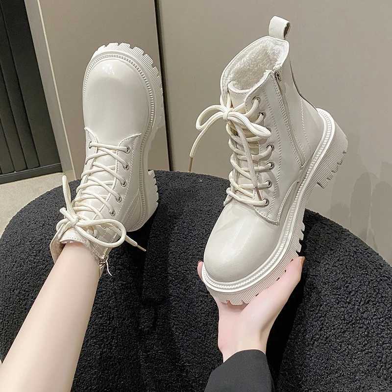 Womens Boots 2024 AutumnWinter New British Style Plush Fashion Thick Bottom Motorcycle Boots Lace Comfort Zipper Snow Boots W251024